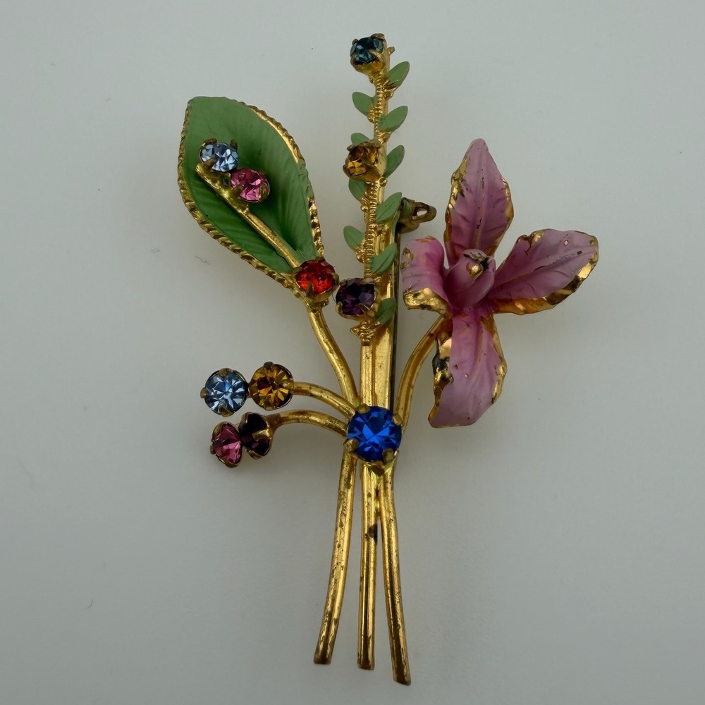 Made in Austria Gold Tone Floral Bouquet Enamel Rhinestone Brooch Pin